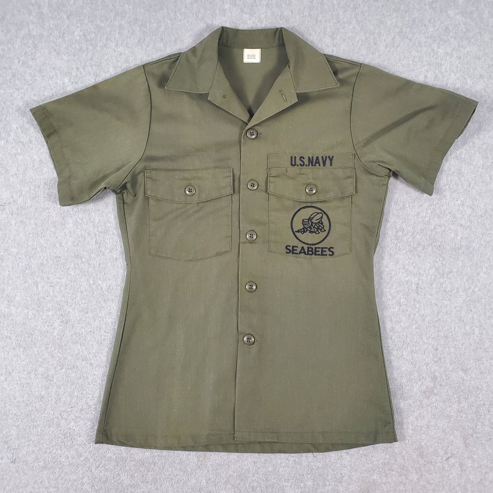Vintage 80s US Navy Seabees Shirt Small 14.5 31 Olive Drab OG 507 Utility USN